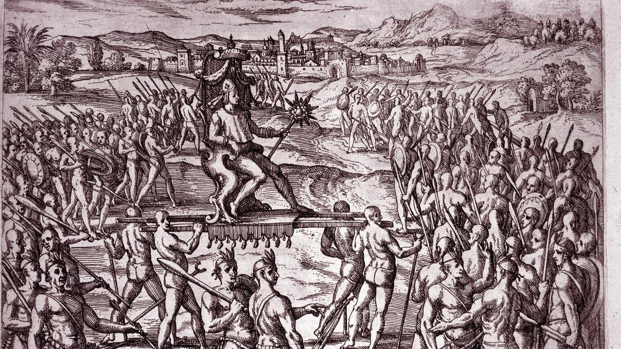 Atahualpa wird zum Treffen mit Pizarro getragen - Illustration aus der Historia Novis Orbis 1595, Kupferstich von Theodore de Bry (1528-1598) Atahualpa wird zum Treffen mit Pizarro getragen - Illustration aus der Historia Novis Orbis 1595, Kupferstich von Theodore de Bry (1528-1598)