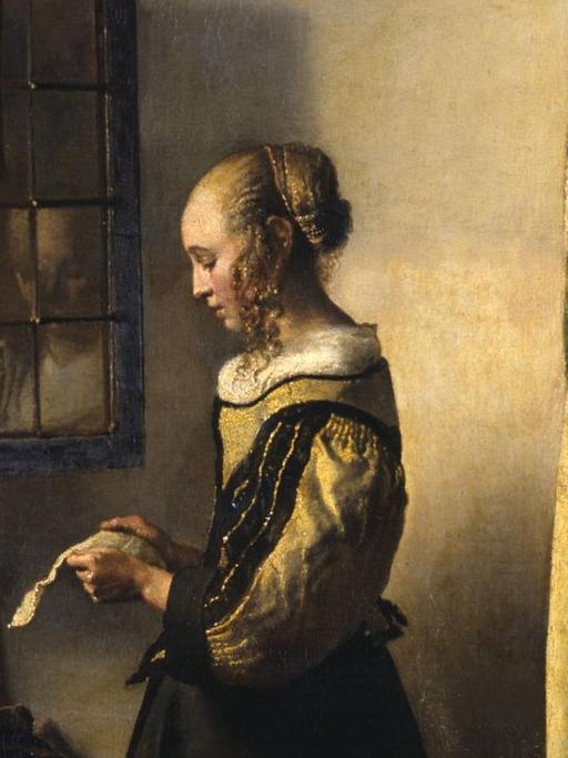 Jan Vermeer van Delft: "Brieflesendes Mädchen am offenen Fenster". Zustand vor der Restaurierung um 1659. Öl auf Leinwand; 83 x 64,5 cm Gemäldegalerie Alte Meister, Staatliche Kunstsammlung Dresden.