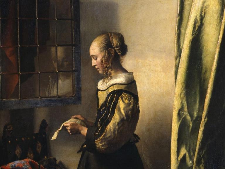 Jan Vermeer van Delft: "Brieflesendes Mädchen am offenen Fenster". Zustand vor der Restaurierung um 1659. Öl auf Leinwand; 83 x 64,5 cm Gemäldegalerie Alte Meister, Staatliche Kunstsammlung Dresden.