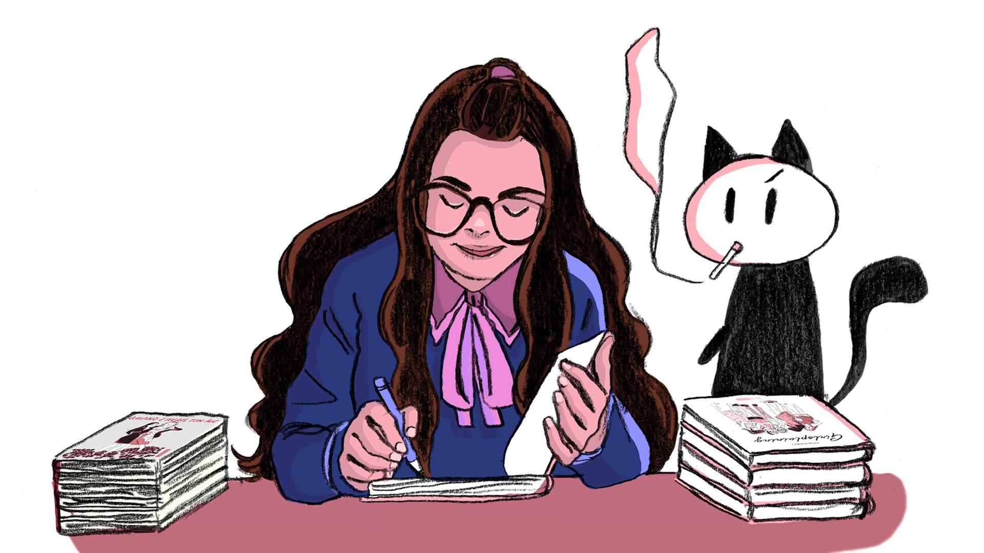 Selbstporträt von Katja Klengel mit rauchender Katze. Selbstporträt von Katja Klengel mit rauchender Katze.