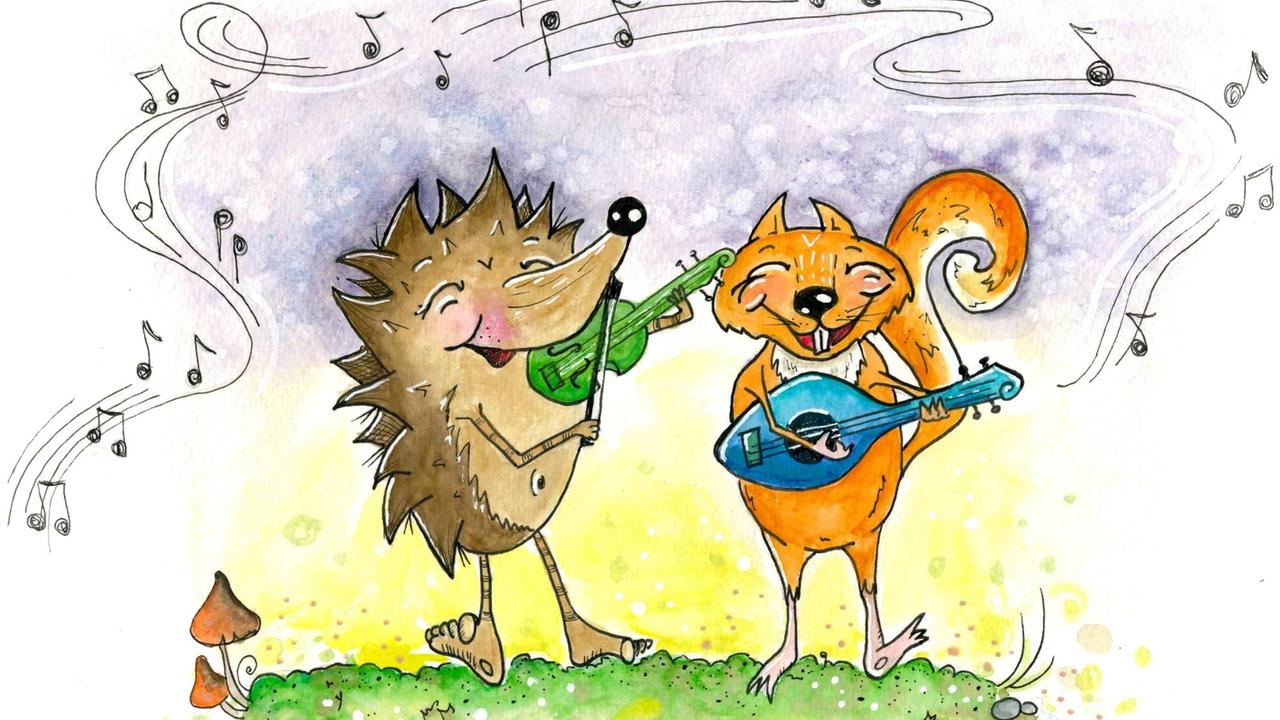 Die Illustration zeigt eine Igel mit Geige und ein Eichhörnchen mit einer Gitarre oder Mandoline. Über ihnen schweben Noten. Die Illustration zeigt eine Igel mit Geige und ein Eichhörnchen mit einer Gitarre oder Mandoline. Über ihnen schweben Noten.