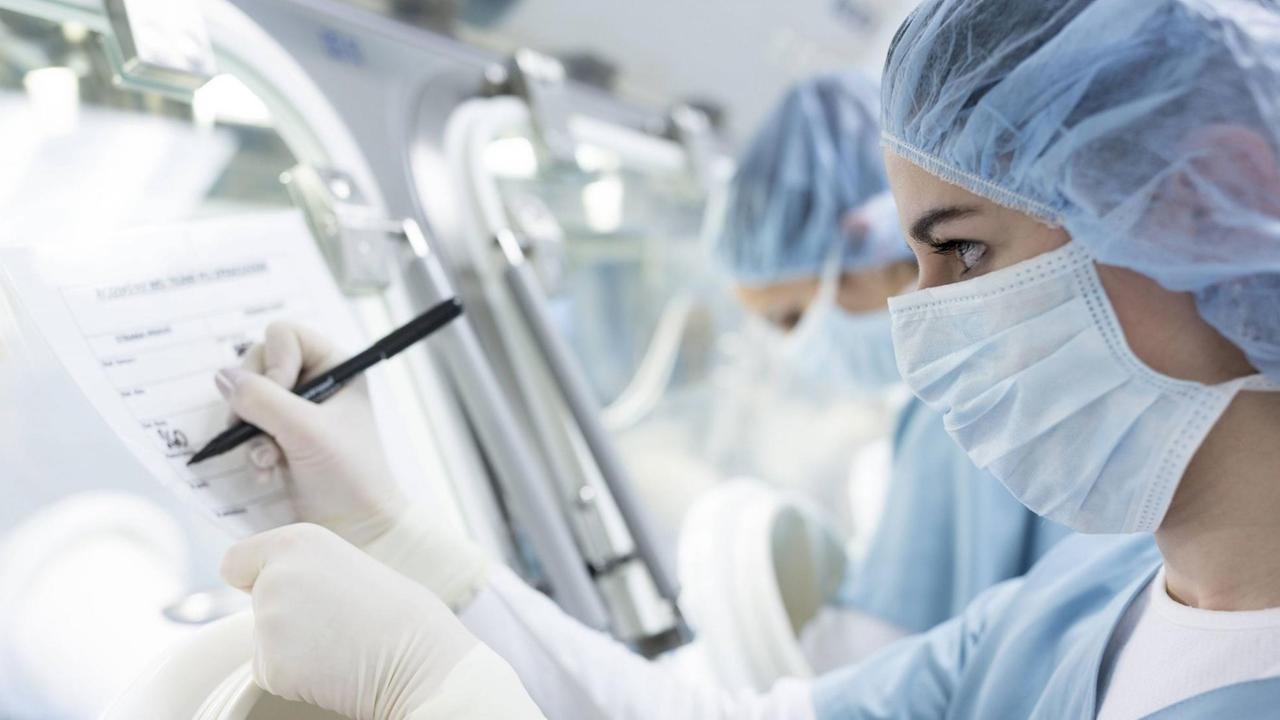 Frauen stehen in einem Labor. Frauen stehen in einem Labor.