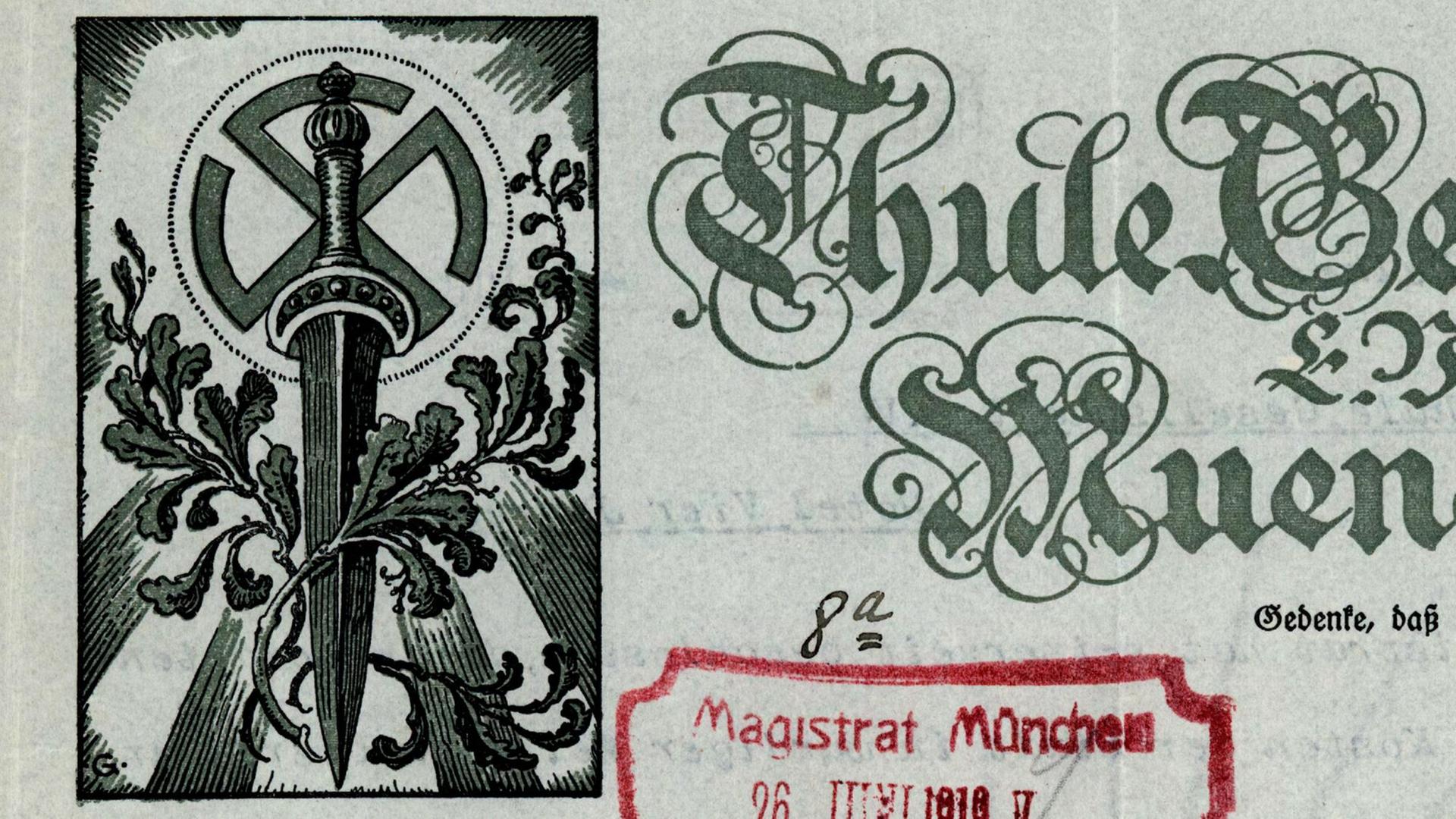 Briefkopf der Thule-Gesellschaft München aus dem Jahr 1919 mit Hakenkreuz, Schwert und Eichblattkranz Briefkopf der Thule-Gesellschaft München aus dem Jahr 1919 mit Hakenkreuz, Schwert und Eichblattkranz