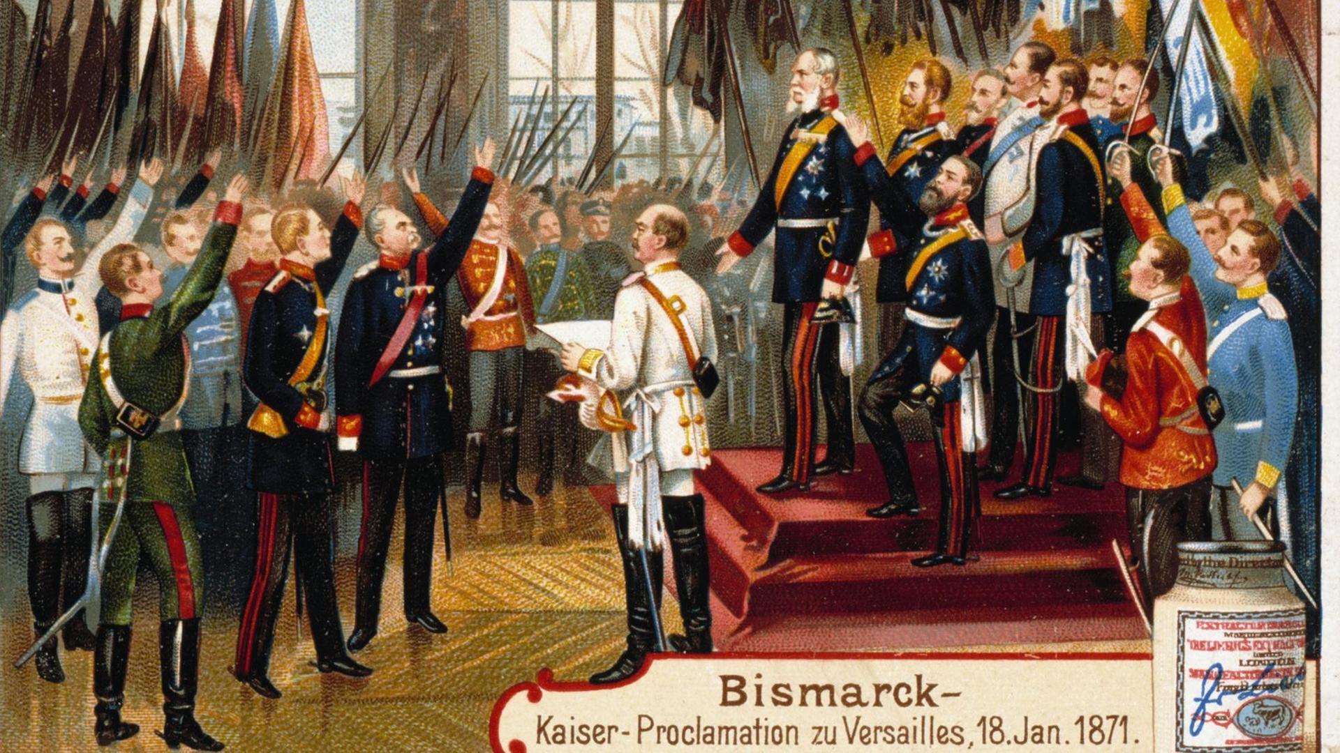 Eine Farblithographie von 1899 zeigt die Kaiserproklamation 1871 auf einem damals begehrten Liebig-Sammelbildchen Eine Farblithographie von 1899 zeigt die Kaiserproklamation 1871 auf einem damals begehrten Liebig-Sammelbildchen