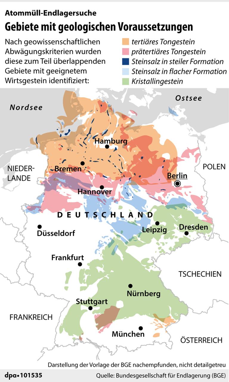 Karte mit den Gebieten, die sich geologisch als Standort für ein Atommüll-Endlager eignen Karte mit den Gebieten, die sich geologisch als Standort für ein Atommüll-Endlager eignen