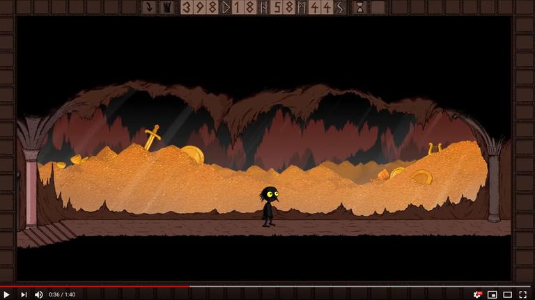 Szene aus dem Trailer für das Computerspiele "The Longing". Ein schwarzes kleines Männchen läuft in einem Kellergewölbe an einem Goldschatz vorbei.