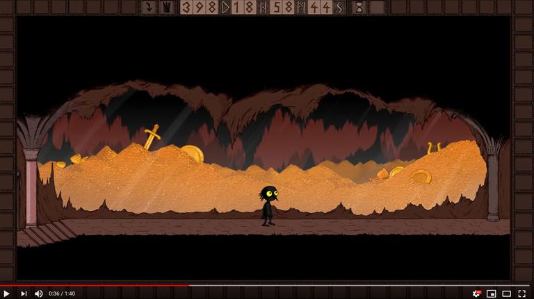 Szene aus dem Trailer für das Computerspiele "The Longing". Ein schwarzes kleines Männchen läuft in einem Kellergewölbe an einem Goldschatz vorbei. Szene aus dem Trailer für das Computerspiele "The Longing". Ein schwarzes kleines Männchen läuft in einem Kellergewölbe an einem Goldschatz vorbei.