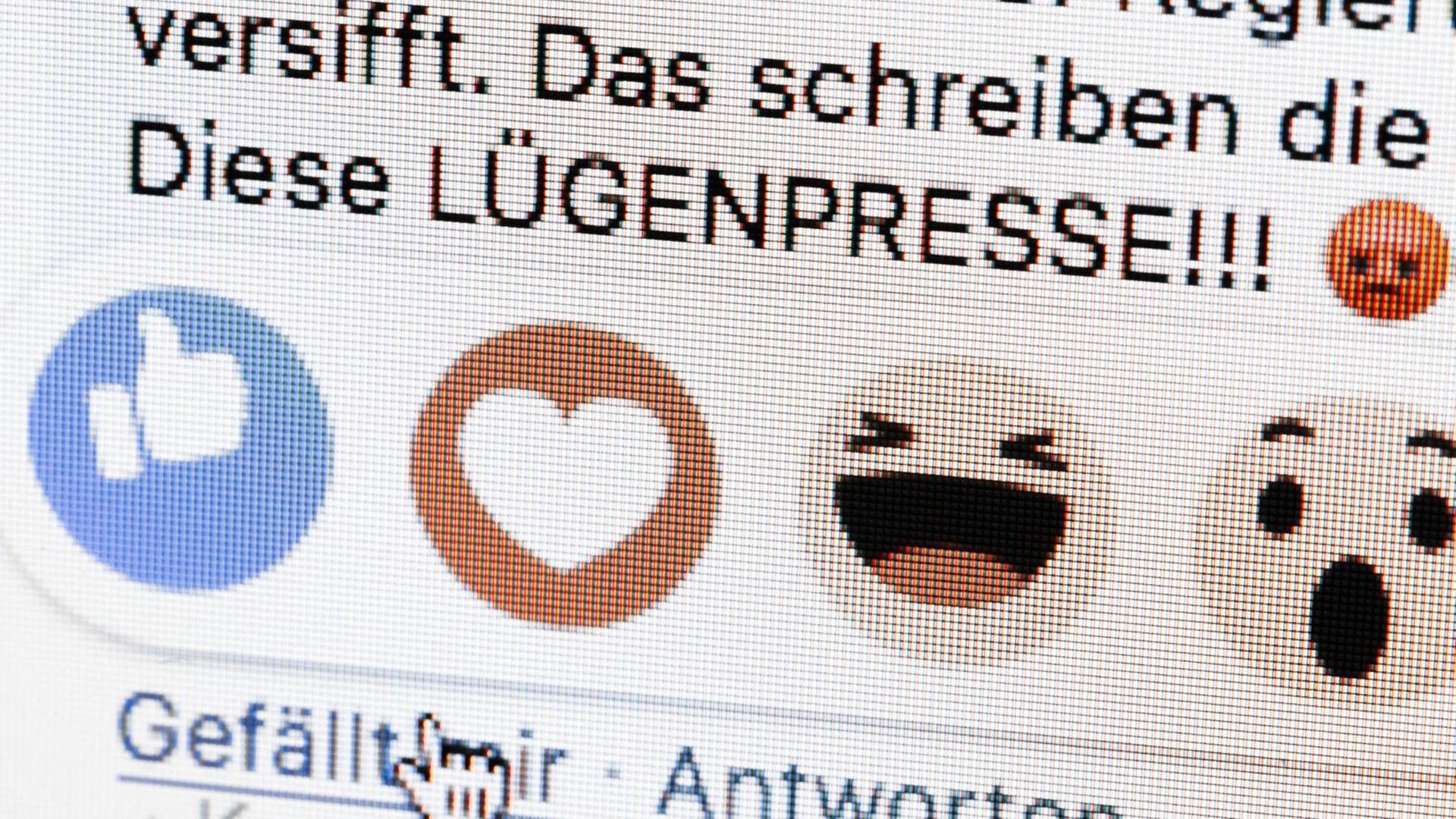 Gestellte Aufnahme zum Thema Hasskommentare: Neben dem Gefällt mir Button von facebook ist das Wort Lügenpresse zu sehen. Gestellte Aufnahme zum Thema Hasskommentare: Neben dem Gefällt mir Button von facebook ist das Wort Lügenpresse zu sehen.