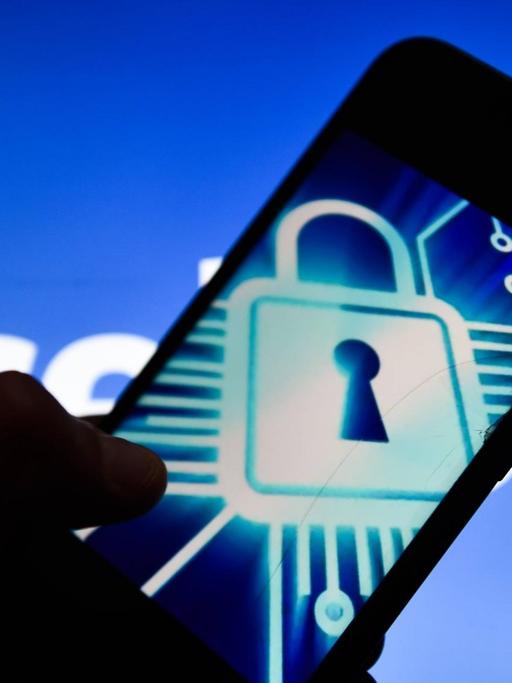 Cyber Schloss Symbol auf einem Android Smartphone, im Hintergrund das Facebook Logo
