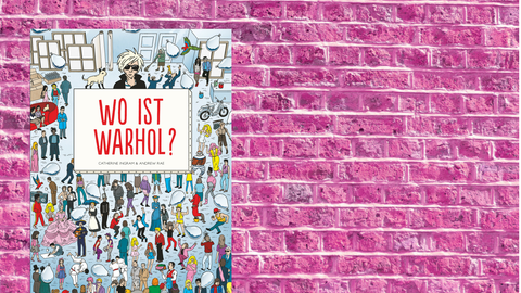 Buchcover "Wo ist Warhol?" von Catherine Ingram und Andrew Rae vor einer pinken Mauer.
