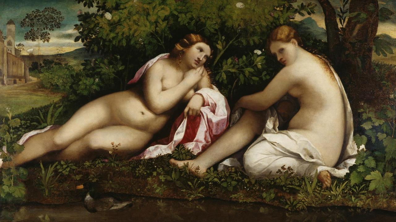 Das Gemälde "Zwei ruhende Nymphen" (um 1510-15) von Jacopo Palma il Vecchio (1479/80-1528). Öl auf Pappelholz, 98,3x152,4 cm. Städel Museum Frankfurt am Main.
Zwei Nymphen ruhen nackt am Ufer eines Gewässers. Das Gemälde "Zwei ruhende Nymphen" (um 1510-15) von Jacopo Palma il Vecchio (1479/80-1528). Öl auf Pappelholz, 98,3x152,4 cm. Städel Museum Frankfurt am Main.
Zwei Nymphen ruhen nackt am Ufer eines Gewässers.