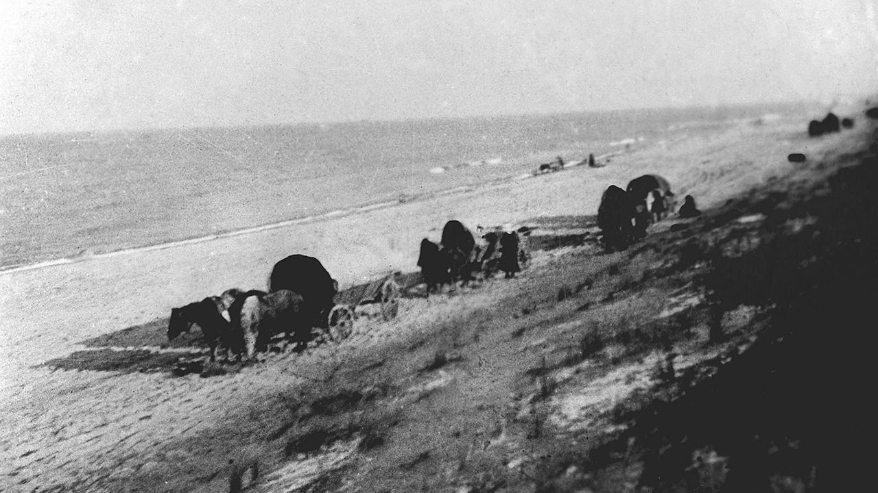 Drei Fuhrwerke des Winter-Trecks am Strand der Frischen Nehrung. Mit Schlitten, Pferdefuhrwerken oder zu Fuß traten sie die beschwerliche Reise in der Hoffnung an, von Danzig aus eine sicherer Transportmöglichkeit Richtung Westen zu bekommen. Die oft als "Leidensweg der Ostpreußen" bezeichneten Trecks forderten wegen des strengen Winters sowie Tiefflieger- und Luftangriffen unzählige Opfer. Drei Fuhrwerke des Winter-Trecks am Strand der Frischen Nehrung. Mit Schlitten, Pferdefuhrwerken oder zu Fuß traten sie die beschwerliche Reise in der Hoffnung an, von Danzig aus eine sicherer Transportmöglichkeit Richtung Westen zu bekommen. Die oft als "Leidensweg der Ostpreußen" bezeichneten Trecks forderten wegen des strengen Winters sowie Tiefflieger- und Luftangriffen unzählige Opfer.