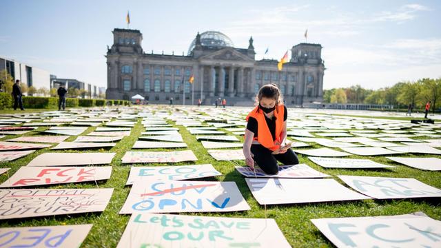 "Fridays for Future"-Protest in Corona-Zeiten: Die Aktivistin Luisa Neubauer legt auf der Wiese vor dem Bundestag Protestplakate aus. Sie sitzt auf der Wiese inmitten hunderter Plakate, im Hintergrund der Reichstag.