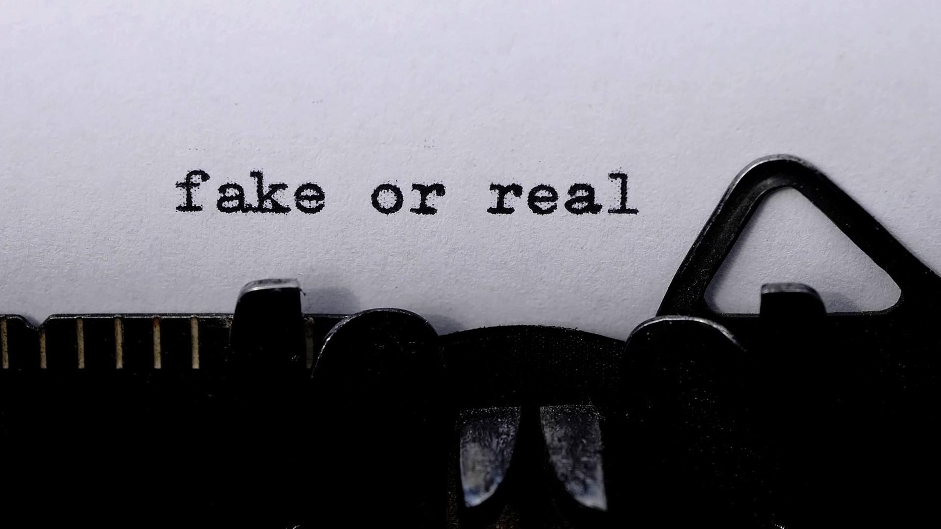 Blick auf den Reiter einer Schreibmaschine. Auf dem Blatt im Wagen steht "Fake or Real". Blick auf den Reiter einer Schreibmaschine. Auf dem Blatt im Wagen steht "Fake or Real".