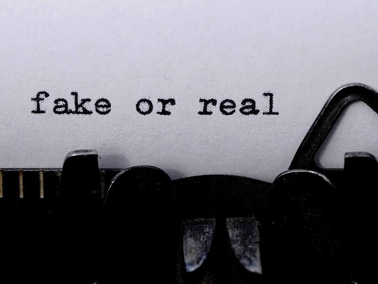 Blick auf den Reiter einer Schreibmaschine. Auf dem Blatt im Wagen steht "Fake or Real".