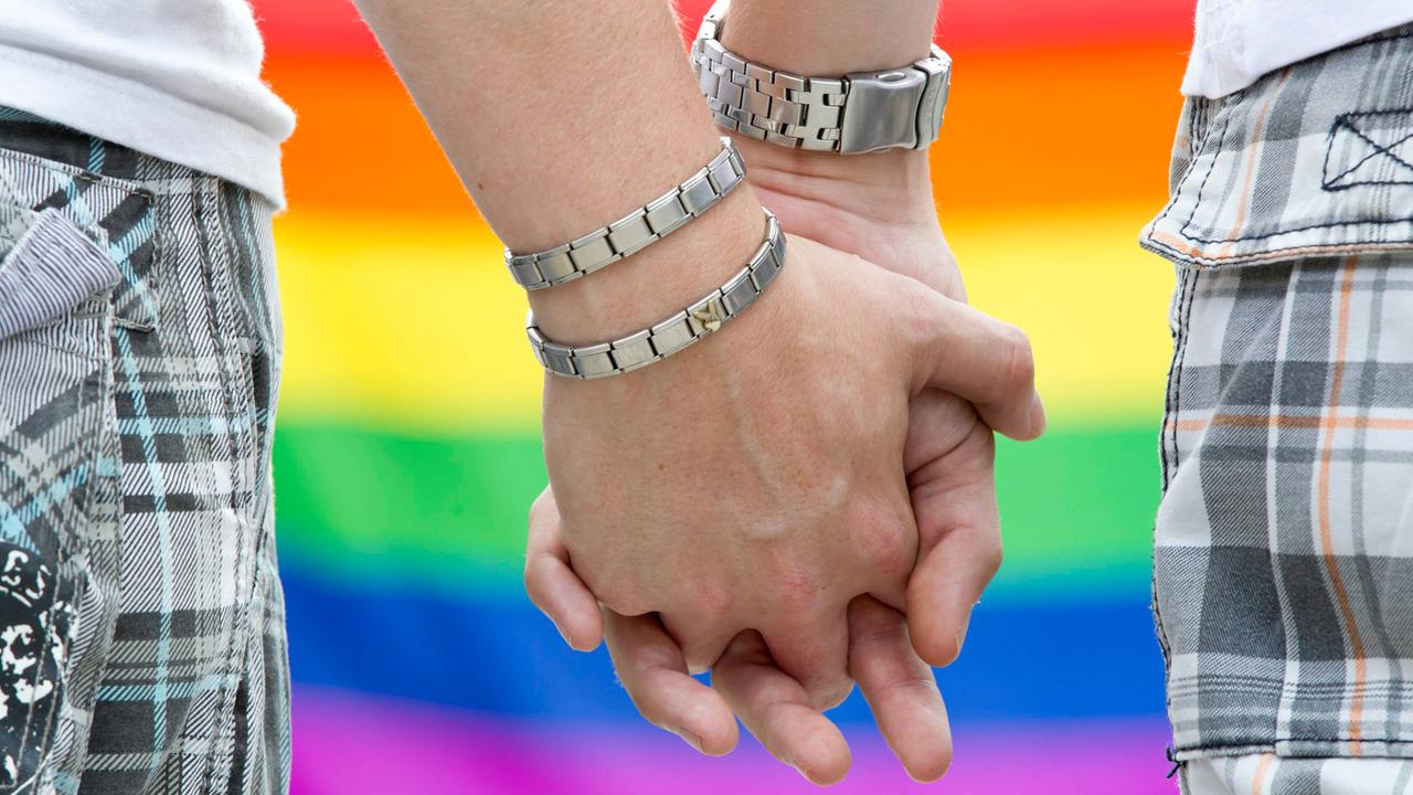 Zwei schwule Männer halten sich auf dem Straßenfest zum Christopher Street Day in Thüringen an den Händen. Zwei schwule Männer halten sich auf dem Straßenfest zum Christopher Street Day in Thüringen an den Händen.