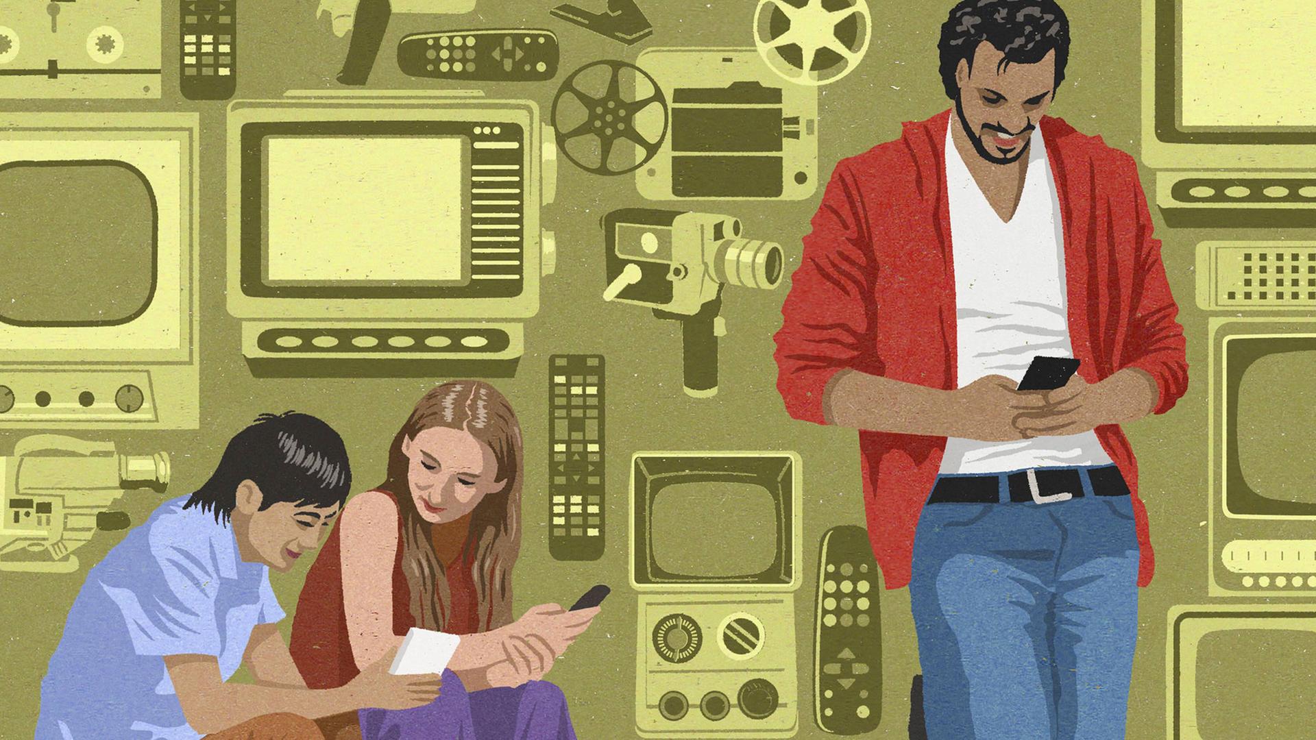 Zeichnung von jungen Menschen mit Smartphone, Handy und anderen Abspielgeräten in der Hand. Zeichnung von jungen Menschen mit Smartphone, Handy und anderen Abspielgeräten in der Hand.