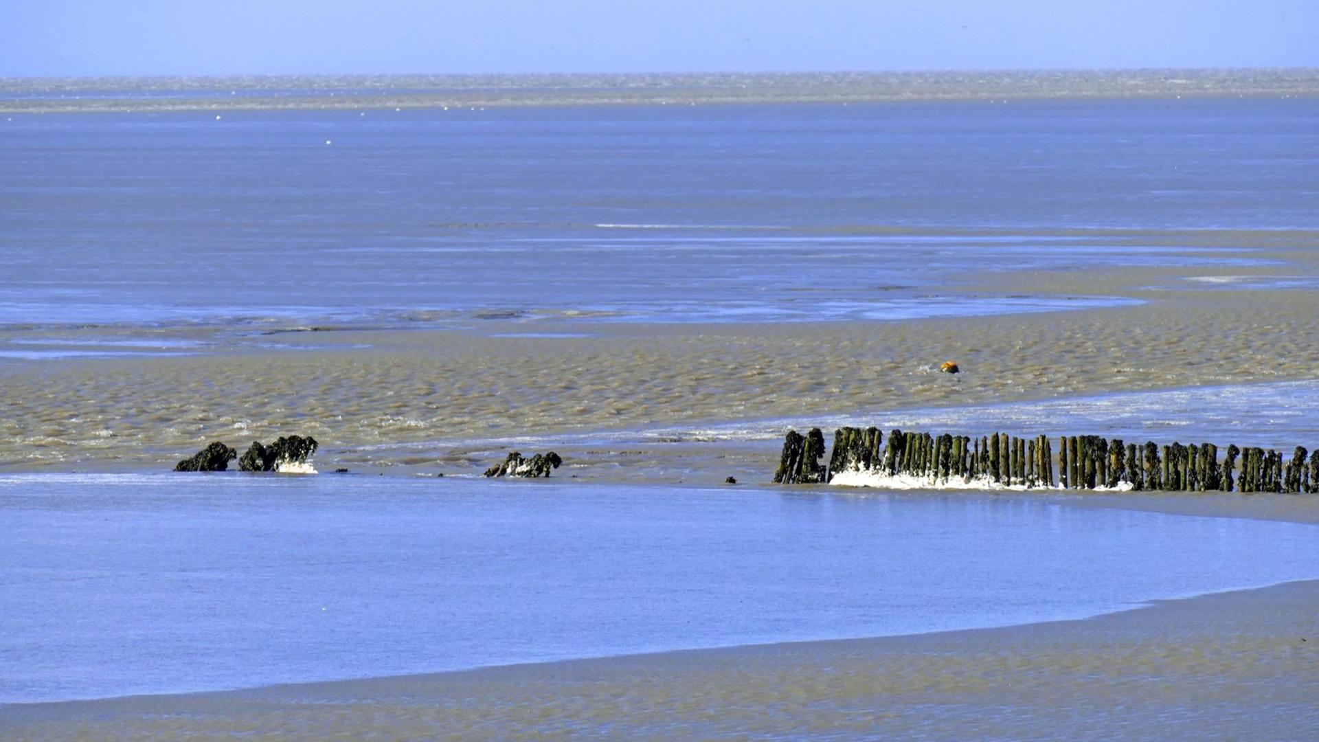 Eine alte Buhne an der Nordseeküste bei Niedrigwasser vor Cuxhaven in Niedersachsen. Eine alte Buhne an der Nordseeküste bei Niedrigwasser vor Cuxhaven in Niedersachsen.