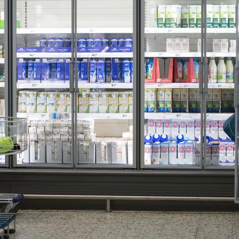 Eine Frau steht in einem Einkaufsmarkt vor einem Kühlregal mit Milchprodukten.