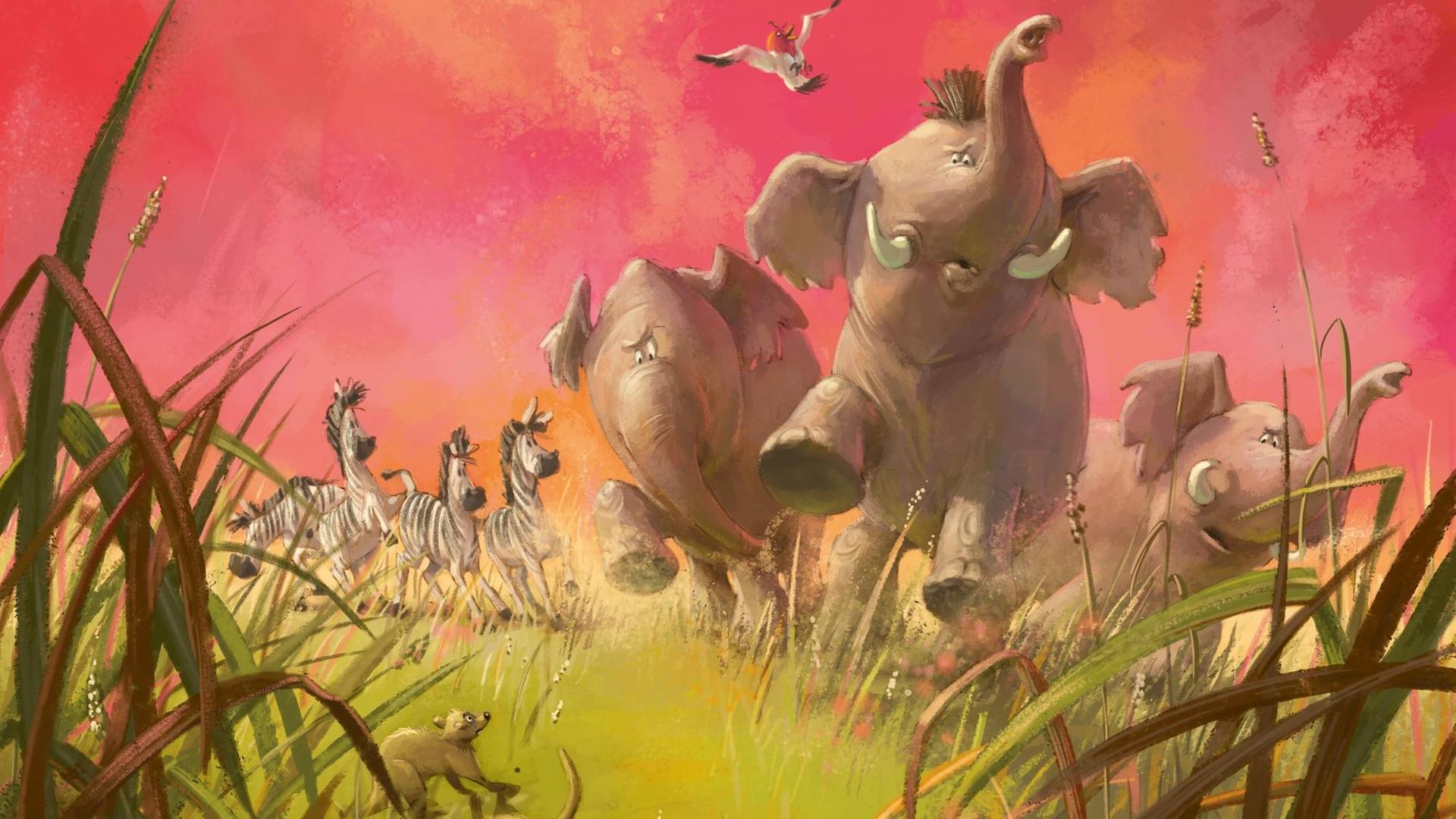 Ausschnitt aus dem Kinderbuch "Bestimmer sein. Wie Elvis die Demokratie erfand" von Katja Reider, und Cornelia Haas: Elefanten und Zebras und Erdmännchen begegnen sich.