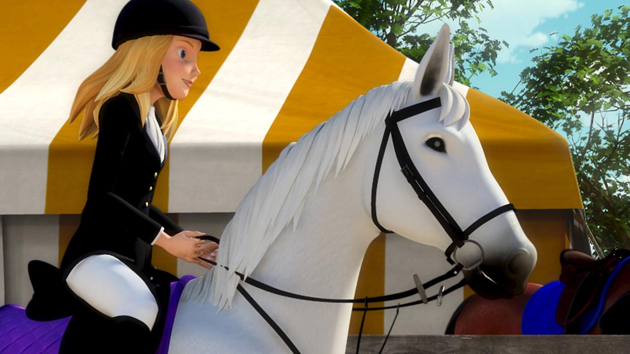 Trickfilm Figur Wendy reitet auf einem weißen Pferd.