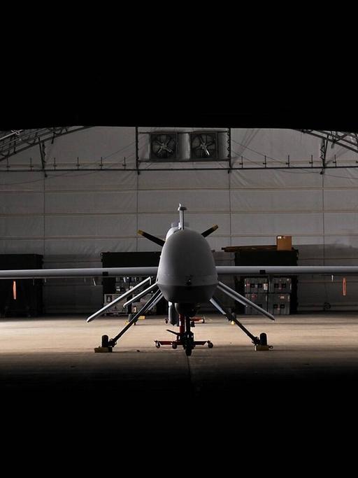 Predator-Drohne - ein unbemanntes Flugzeug, das 24 Stunden lang in der Luft bleiben und Überwachungs- und Raketenangriffe durchführen kann, während es von menschlichen Bedienern an einem entfernten Ort ferngesteuert wird.