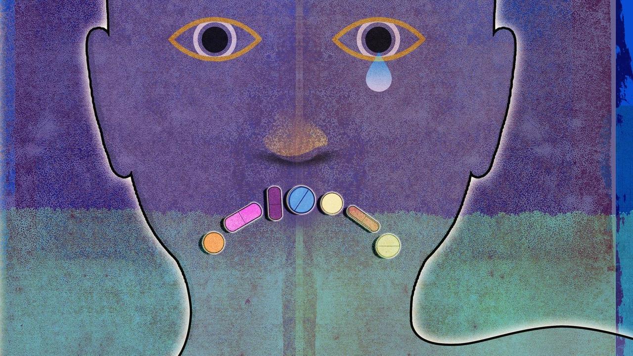 Illustration: Gesicht eines niedergeschlagenen Mannes mit farbigen Pillen als traurigem Mund. Eine Träne läuft aus einem Auge das Gesicht herunter. Illustration: Gesicht eines niedergeschlagenen Mannes mit farbigen Pillen als traurigem Mund. Eine Träne läuft aus einem Auge das Gesicht herunter.