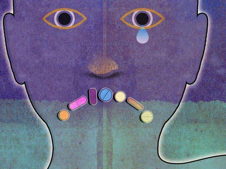 Illustration: Gesicht eines niedergeschlagenen Mannes mit farbigen Pillen als traurigem Mund. Eine Träne läuft aus einem Auge das Gesicht herunter.