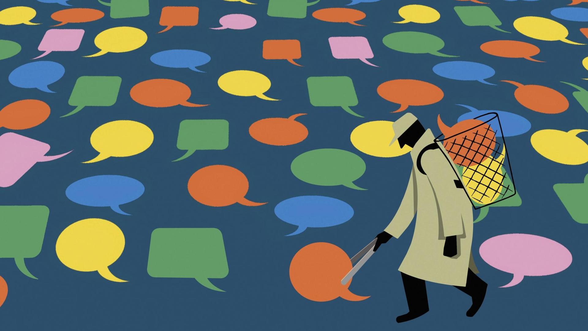 Illustration: Ein Mensch sammelt viele verschiedene Sprechblasen mit einer Zange auf und schmeißt sie in einen Mülleimer, den er auf einem Rücken trägt. Illustration: Ein Mensch sammelt viele verschiedene Sprechblasen mit einer Zange auf und schmeißt sie in einen Mülleimer, den er auf einem Rücken trägt.