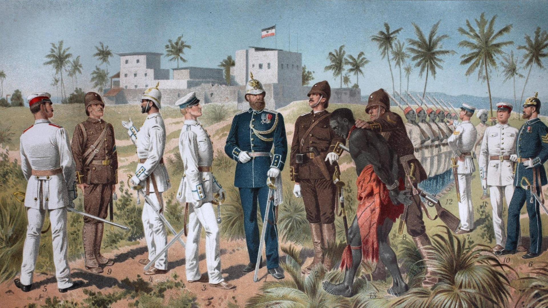 Koloniale Truppen in den afrikanischen Gebieten des Deutschen Kolonialreichs vom Ende des 19. Jahrhunderts bis 1918 (Farbige Zeichnung) Koloniale Truppen in den afrikanischen Gebieten des Deutschen Kolonialreichs vom Ende des 19. Jahrhunderts bis 1918 (Farbige Zeichnung)
