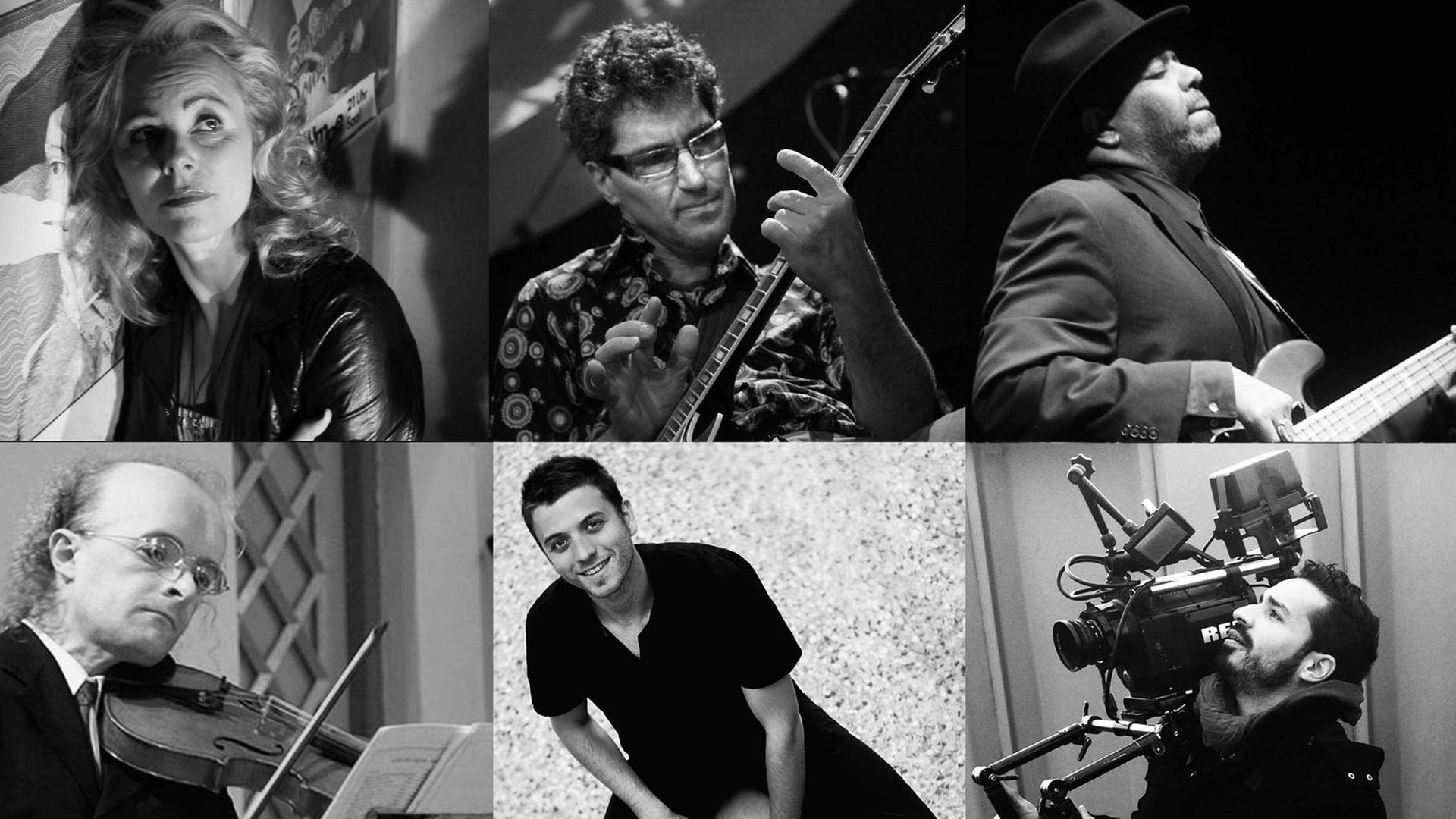 Sechs Porträts von Musikern, die beim Bandprojekt Lunattack spielen Sechs Porträts von Musikern, die beim Bandprojekt Lunattack spielen