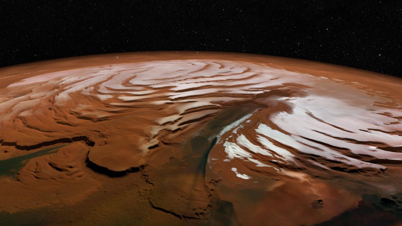 Perspective view of the Mars north polar ice cap and its distinctive dark troughs forming a spiral-like pattern.