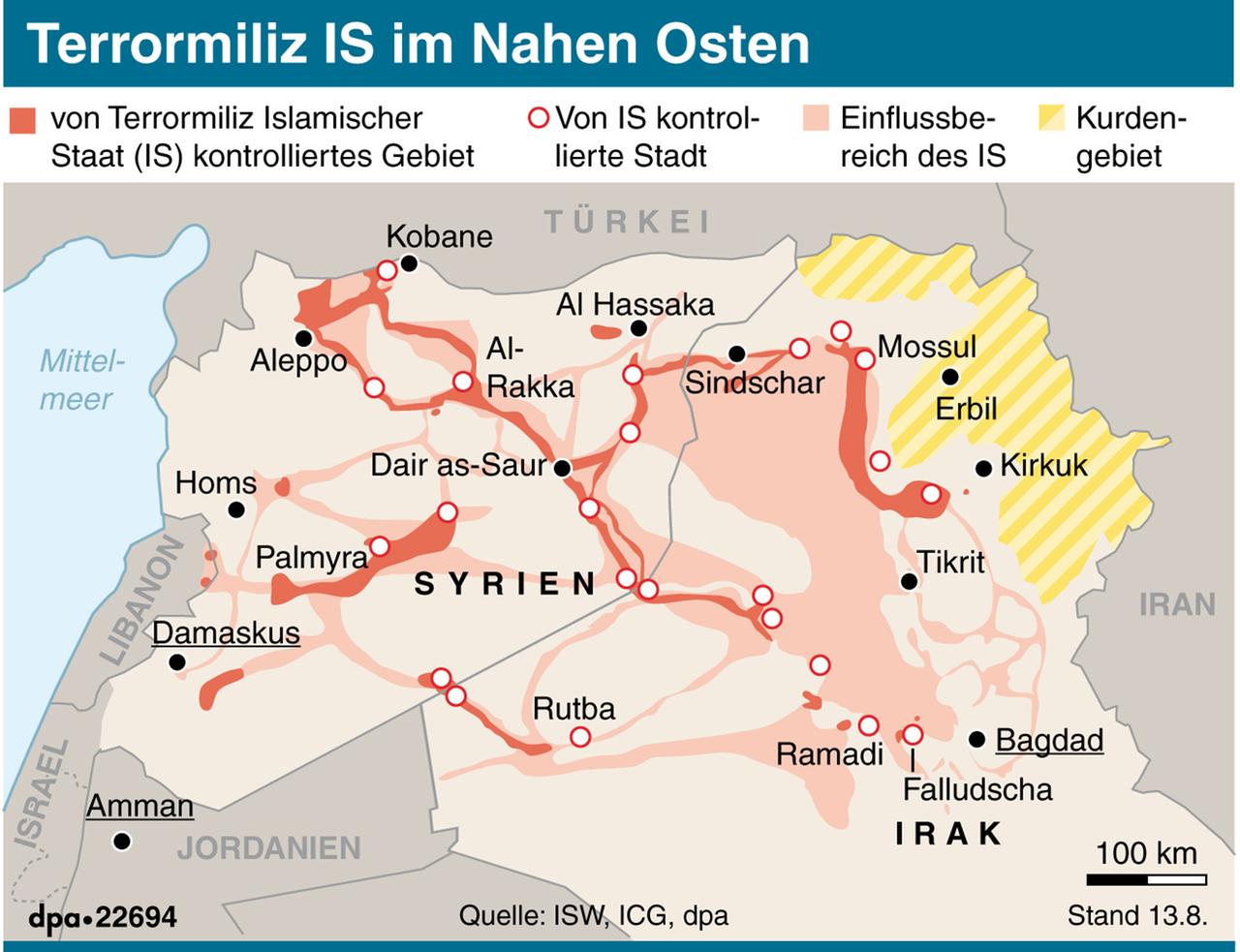 Karte zu den von der Terrormiliz IS kontrollierten Gebieten im Irak und in Syrien. Karte zu den von der Terrormiliz IS kontrollierten Gebieten im Irak und in Syrien.
