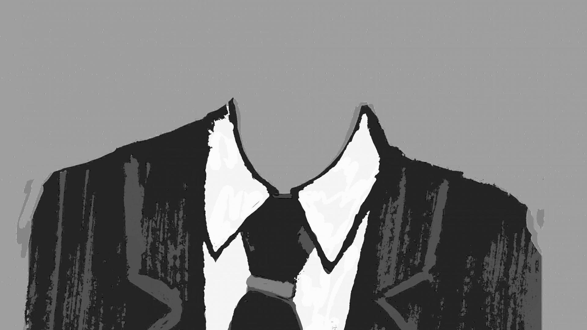 Eine schwarz-weiße Illustration einer Person in Anzug un Krawatte, aber ohne Kopf. Eine schwarz-weiße Illustration einer Person in Anzug un Krawatte, aber ohne Kopf.