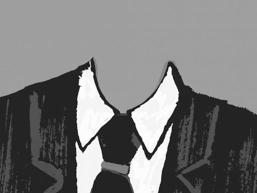 Eine schwarz-weiße Illustration einer Person in Anzug un Krawatte, aber ohne Kopf.