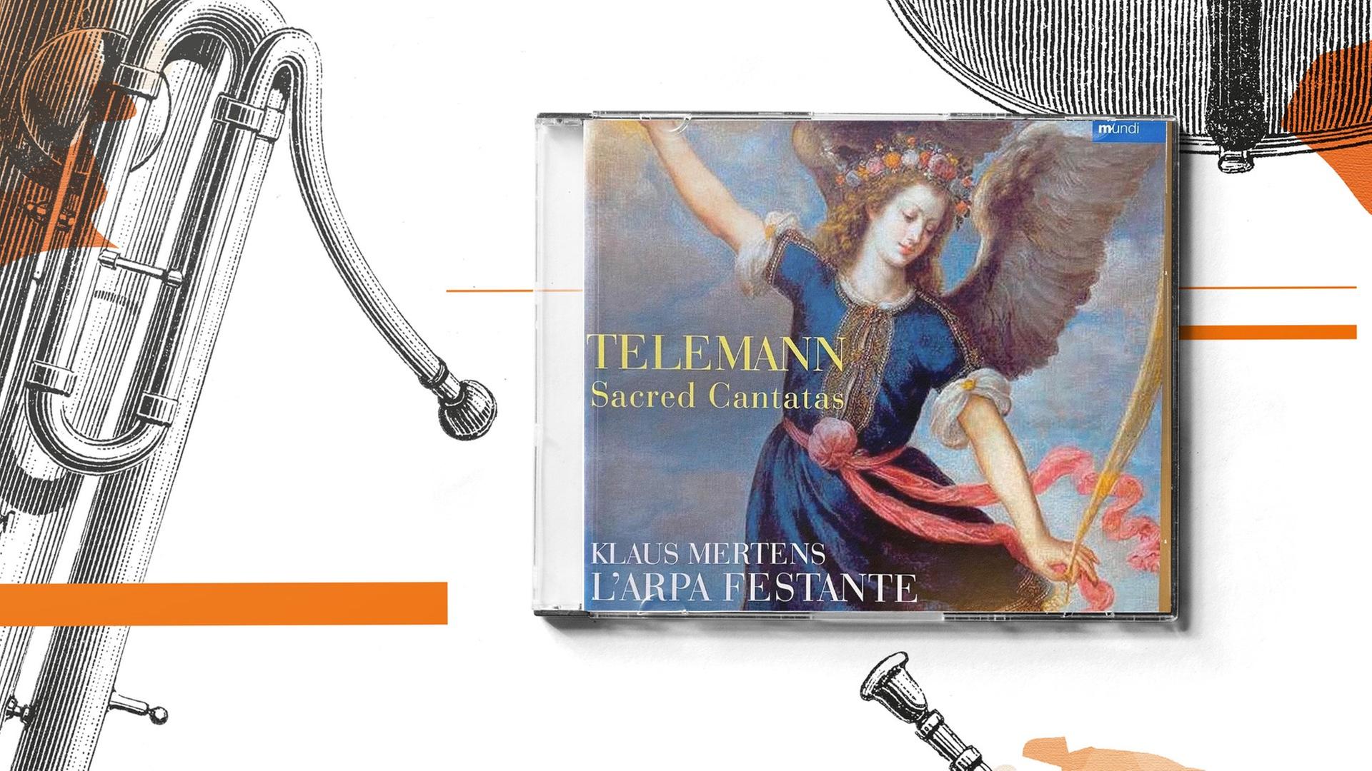 Auf einer Graphik, die historische Musikinstrumente zeigt, liegt eine CD mit großem Engel auf dem Cover. Auf einer Graphik, die historische Musikinstrumente zeigt, liegt eine CD mit großem Engel auf dem Cover.