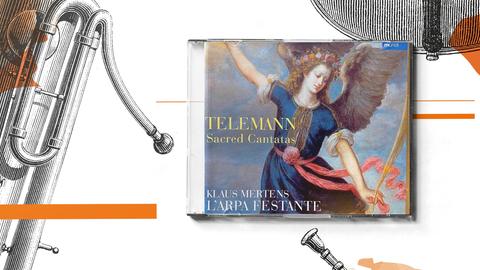 Auf einer Graphik, die historische Musikinstrumente zeigt, liegt eine CD mit großem Engel auf dem Cover.