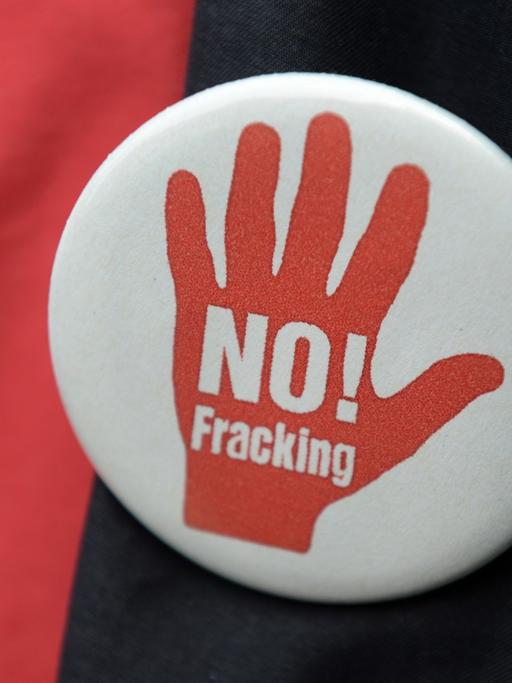 Ein Teilnehmer trägt bei einer Demonstration der Umweltschutzorganisation BUND gegen die Erdgasfördermethode Fracking einen Button mit der Aufschrift "No Fracking".