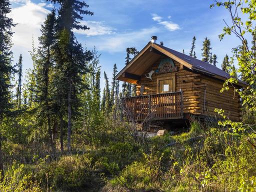 Eine Holzhütte steht abgeschieden in einem Wald in Alaska.