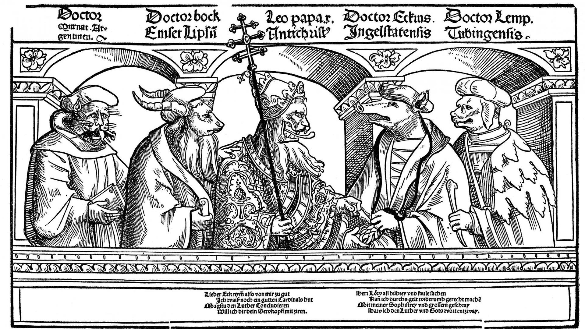 Historische Zeichnung aus dem 19. Jahrhundert nach einem satirischen Flugblatt aus dem 16. Jahrhundert, gezeigt werden fünf Gegner des Reformators Martin Luther: Papst Leo. X., Thomas Murner, Hieronymus Emser, Johannes Eck und Jakob Lemp, die Reformations Historische Zeichnung aus dem 19. Jahrhundert nach einem satirischen Flugblatt aus dem 16. Jahrhundert, gezeigt werden fünf Gegner des Reformators Martin Luther: Papst Leo. X., Thomas Murner, Hieronymus Emser, Johannes Eck und Jakob Lemp, die Reformations