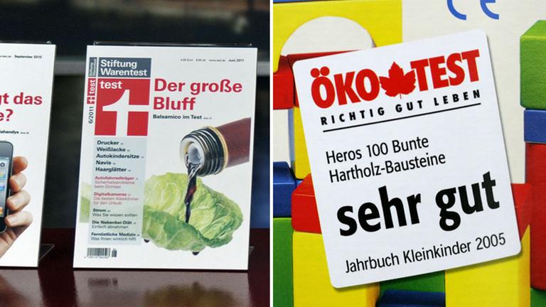 Eine Montage zeigt die Zeitschrift "Test" der Stiftung Warentest und das Logo von Öko-Test auf einer Spielzeugverpackung. Eine Montage zeigt die Zeitschrift "Test" der Stiftung Warentest und das Logo von Öko-Test auf einer Spielzeugverpackung.