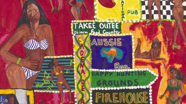 Ein weiterer Ausschnitt aus Pacita Abads Textilbild "Girls in Ermita", der vom Leben der Sexarbeiterinnen in Manila erzählt. Ein weiterer Ausschnitt aus Pacita Abads Textilbild "Girls in Ermita", der vom Leben der Sexarbeiterinnen in Manila erzählt.