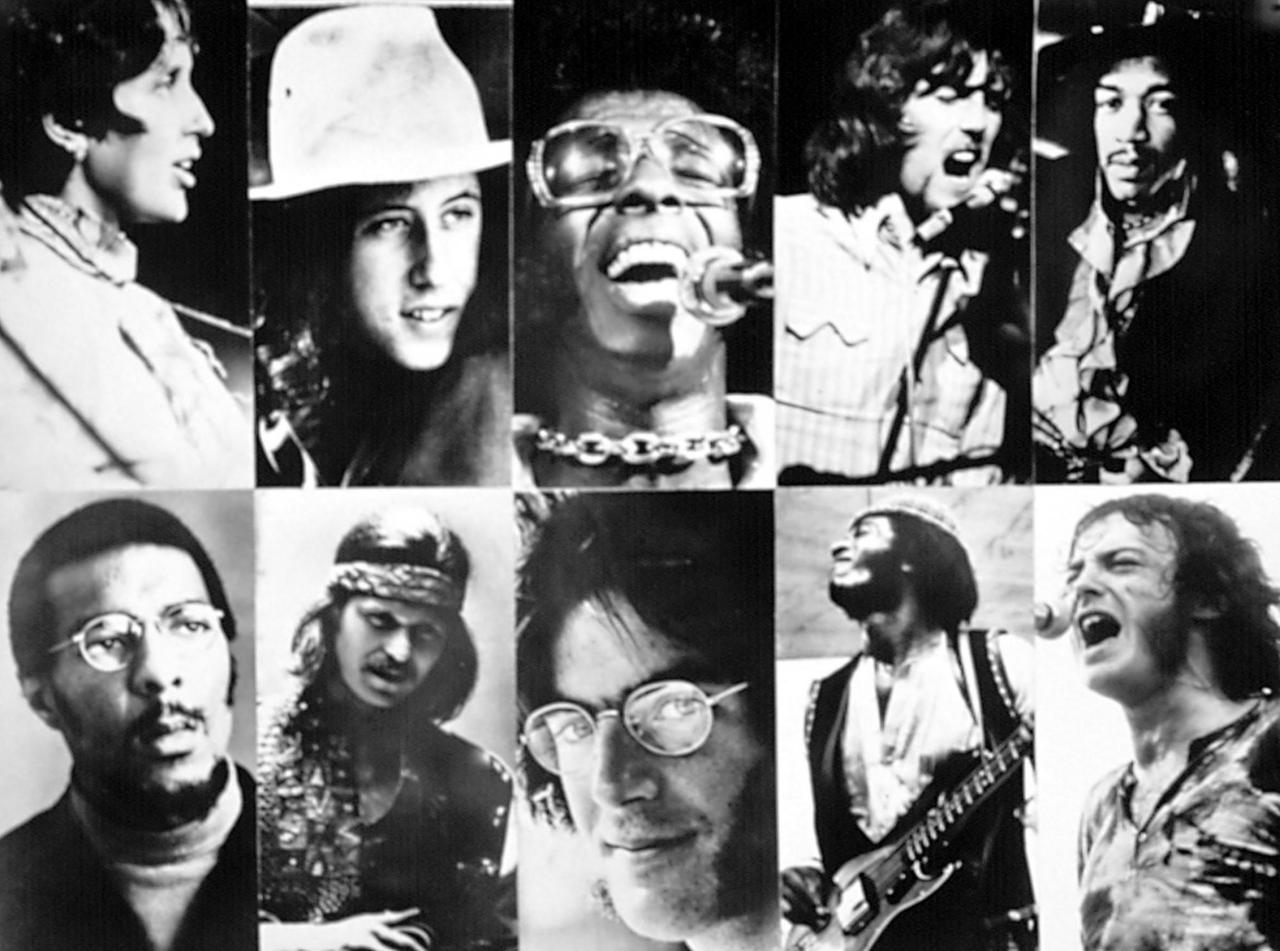 WOODSTOCK, (top row): Joan Baez, Arlo Guthrie, Sly Stone, Graham Nash, Jimi Hendrix, (bottom): Richie Havens, Country Joe, John Sebastian, Dave Brown (of Santana), Joe Cocker,