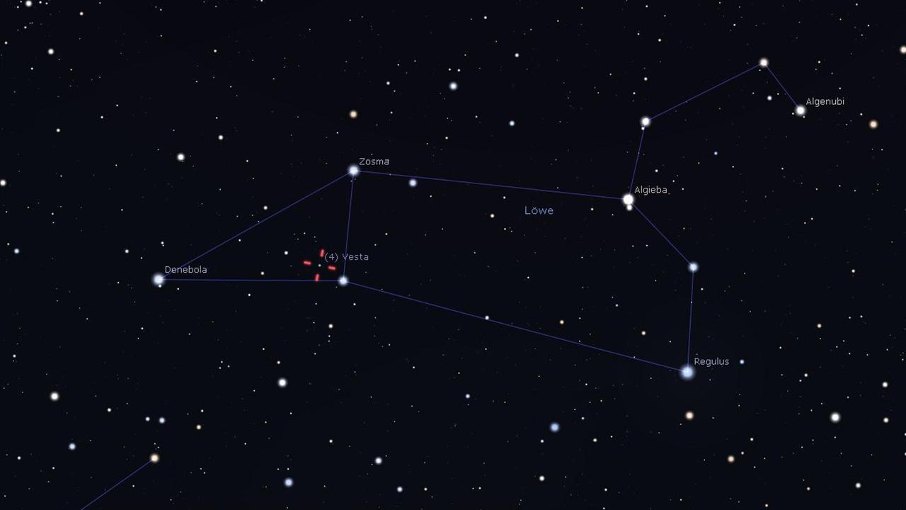 Der Asteroid Vesta zieht derzeit durch den hinteren Teil des Sternbilds Löwe