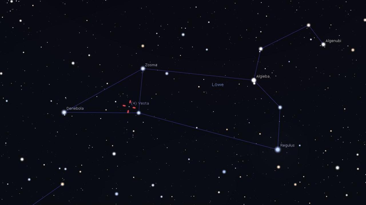 Der Asteroid Vesta zieht derzeit durch den hinteren Teil des Sternbilds Löwe Der Asteroid Vesta zieht derzeit durch den hinteren Teil des Sternbilds Löwe