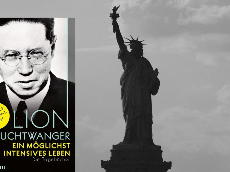 Cover von Lion Feuchtwangers Tagebüchern "Ein möglichst intensives Leben". Im Hintergrund ist ein Schwarz-Weiß-Foto der New Yorker Freiheitsstatue zu sehen.