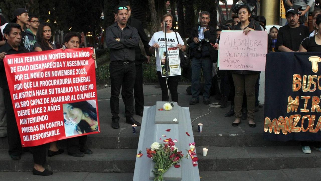 Im Februar 2016 demonstrierten Frauen in Mexiko gegen Gewalt gegen Frauen Im Februar 2016 demonstrierten Frauen in Mexiko gegen Gewalt gegen Frauen