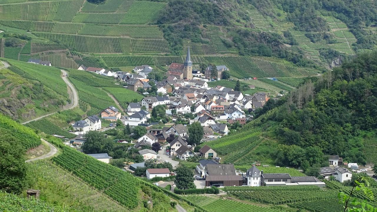 Idyllische Ansicht eines eines Teils des Weinortes Mayschoß in der rheinland-pfälzischen Eifel. Der Rest des Dorfes wurde durch die Flut im Juli 2021 zerstört. Idyllische Ansicht eines eines Teils des Weinortes Mayschoß in der rheinland-pfälzischen Eifel. Der Rest des Dorfes wurde durch die Flut im Juli 2021 zerstört.