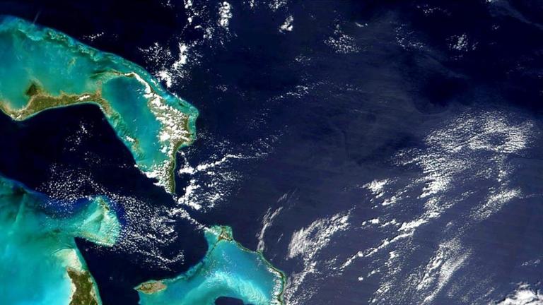 Das am 15. April 2002 von der NASA veröffentliche Foto zeigt die Bahamas-Inseln in der Karibik und Kuba (unten), aufgenommen am 16.3.2002 von MODIS (Moderate Resolution Imaging Spectroradiometer). In der Bildmitte liegt die Andros Insel umgeben vom hellblauen Wasser der Great Bahama Bank, einem Korallenriff. 