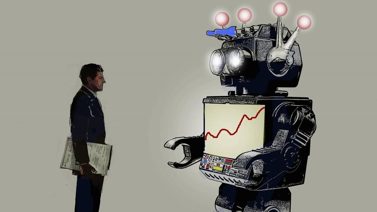 Geschäftsmann schaut auf Liniendiagramm auf dem Bildschirm eines Roboters Geschäftsmann schaut auf Liniendiagramm auf dem Bildschirm eines Roboters
